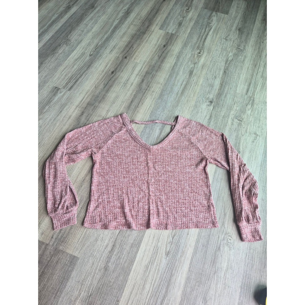 SO Cozy Top Womens Small Pink Waffle Knit V-Neck Strappy Open Back Long Sleeve